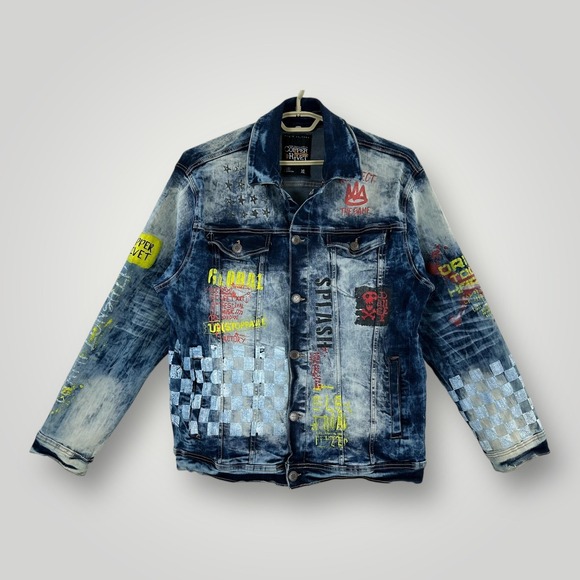 Copper Rivet Other - Copper Rivet Denim Jacket Mens XL Blue Bomber Graphic Checkered Street Art Skull